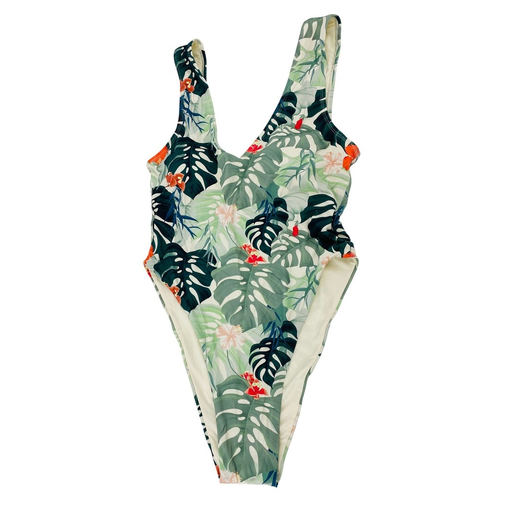 Toluca One Piece Swimsuit Womens XL Green Tropical Monstera Leaf Floral High Cut